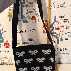 Black Beaded Bow Shoulder Bag Silver White Seed Bead‎ Coquette Flap Purse